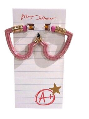 BETSEY JOHNSON Best In Class Pink Heart Pencil  Huggie Earrings, NEW WITH TAGS
